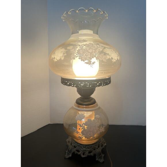 Vintage Accurate Casting 3 Way Clear Amber Lamp GWTW Floral Etched 20" - Picture 2 of 9
